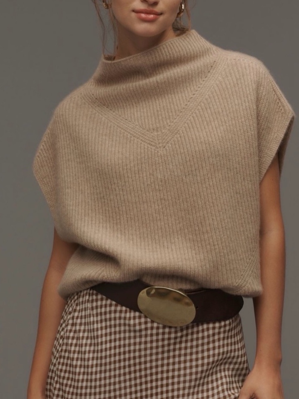 Anthropogie The Enza Cashmere Cropped Mock Neck Sweater Tan Size Small